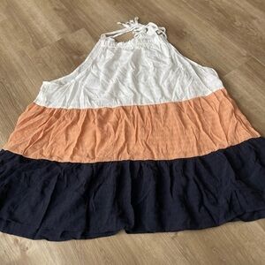 White and Orange Tiered Tie Front Mock Neck Tank Top